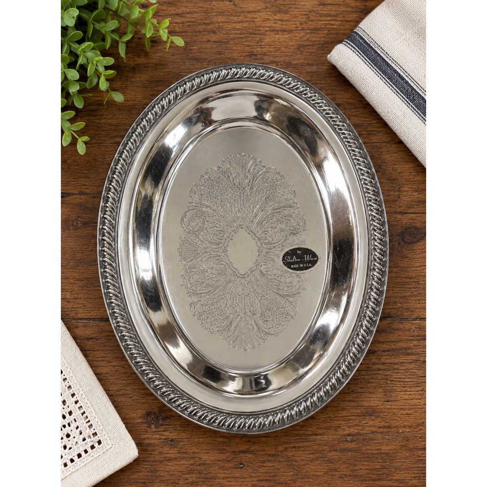 Vintage Shelton-Ware Oval Serving Tray Etched Floral Chrome Plated 11.5 Inch USA